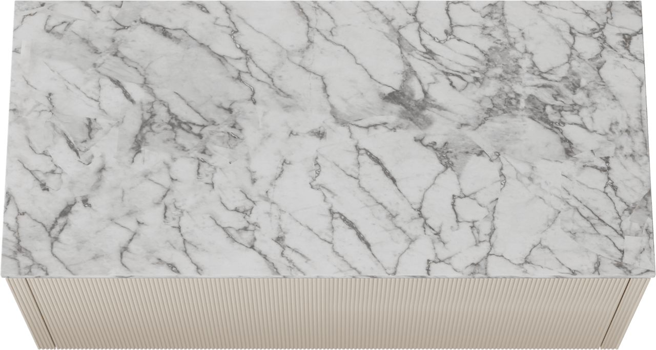 Balmani Eclips zwevend badkamermeubel 120 x 55 cm Sandbeige met Stretto enkel of dubbel tablet in Carrara marmer, Verticale symmetrische rechte ribbel