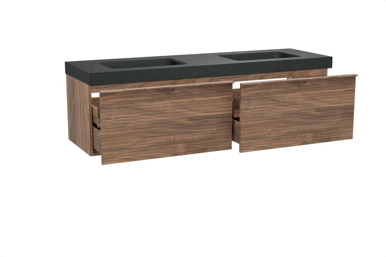 Balmani Forma meuble salle de bains suspendu 180 x 55 cm noyer américain avec Napoli double vasque en granit noir, Nervure droite symétrique horizontale