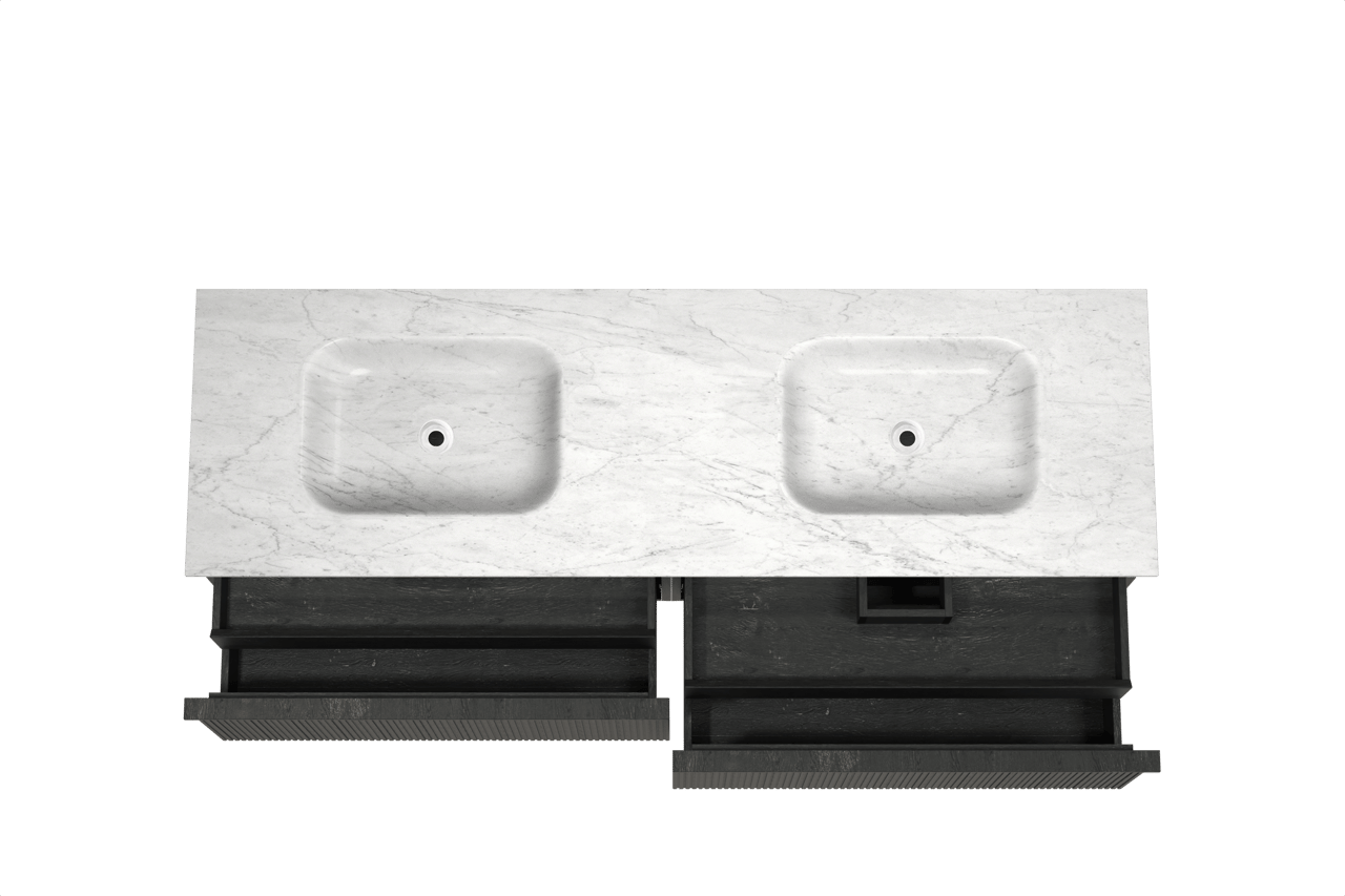 Balmani Forma meuble salle de bains suspendu 180 x 55 cm chêne noir avec Tablo Arcato double vasque en marbre carrare, Nervure droite symétrique verticale