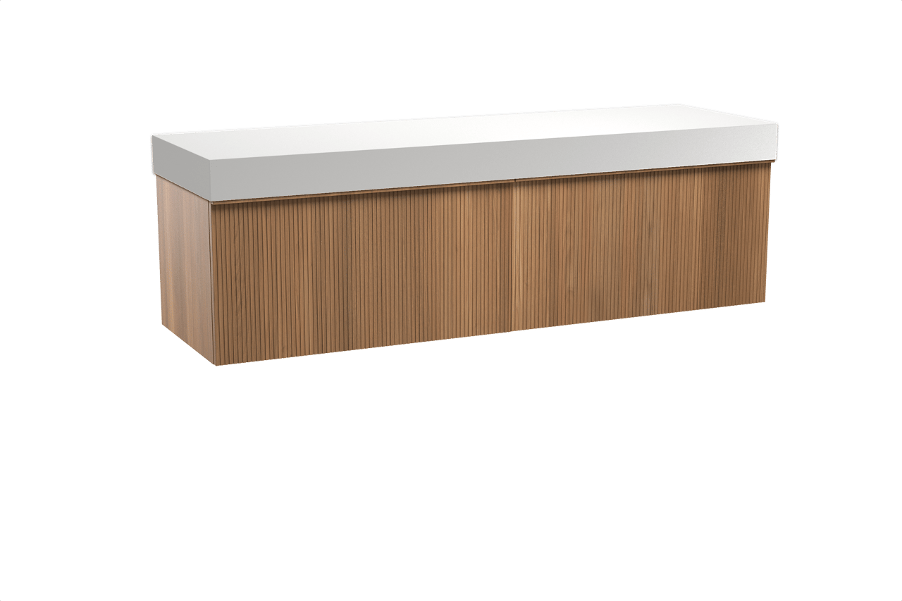 Balmani Forma meuble salle de bains suspendu 180 x 55 cm teck avec Dominus tablette simple ou double en solid surface blanc mat, Nervure droite symétrique verticale