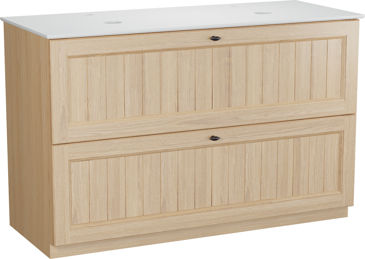 Balmani Lemon staand badkamermeubel 135 x 55 cm, fineer natuur eik met Facetta dubbel tablet in mat wit