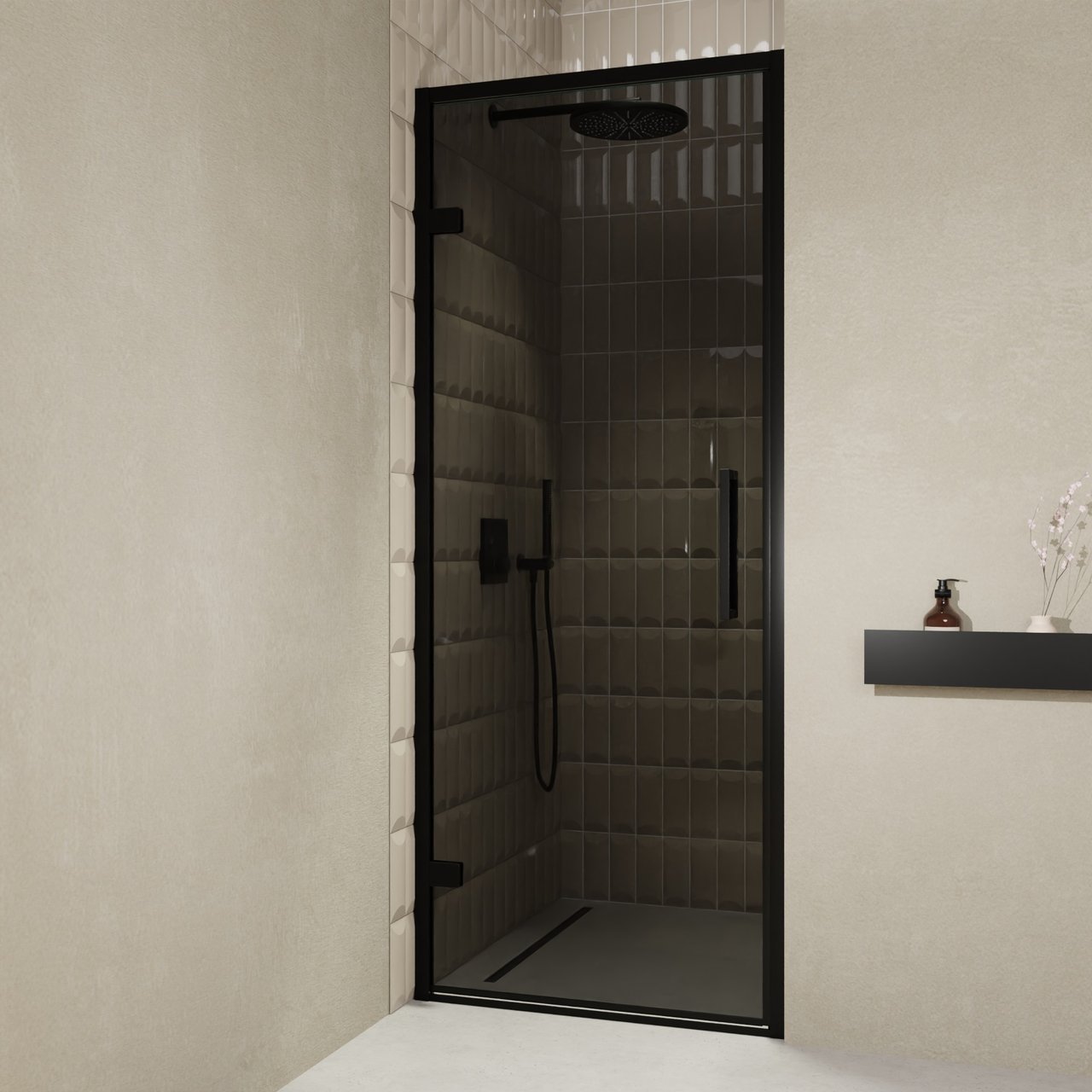 Balmani Senses Design Dusche Drehtür, Links, 90 cm x 210 cm, Rauchglas, Profil Schwarz