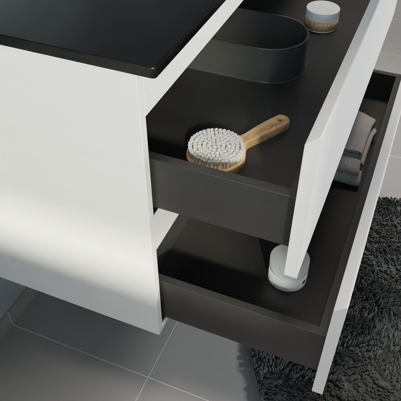 Linie Lado meuble salle de bains suspendu 90 x 46 cm blanc mat avec Baro plan simple en porcelaine noir mat