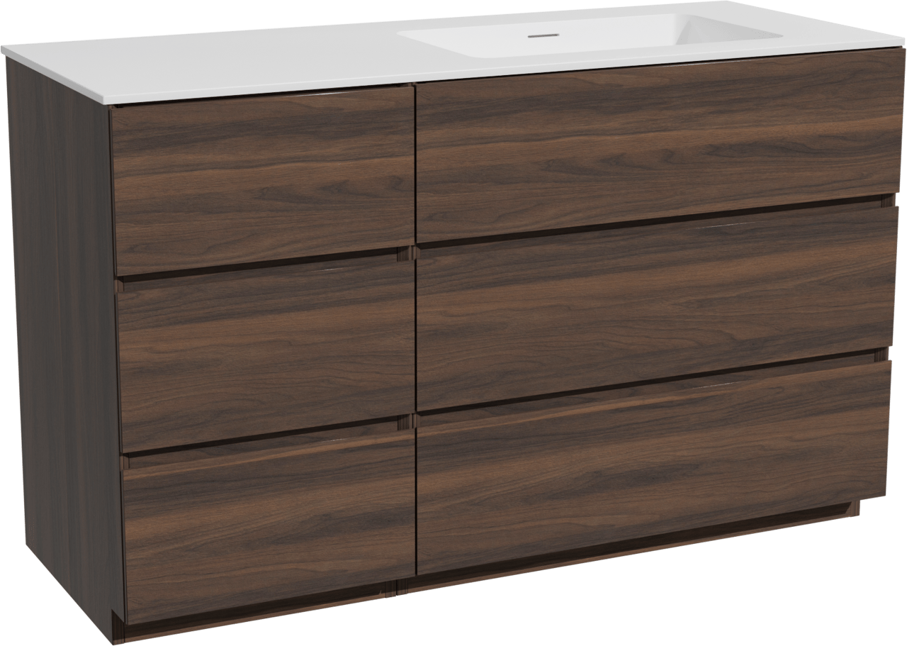 Storke Edge meuble salle de bains à poser 130 x 52 cm noyer avec Mata plan vasque asymétrique à droite en solid surface blanc mat