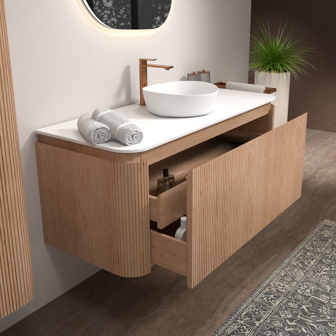 Balmani Moon meuble salle de bains suspendu 130 x 55 cm chêne naturel avec Moon tablette simple ou double en solid surface blanc mat, Nervure droite symétrique verticale