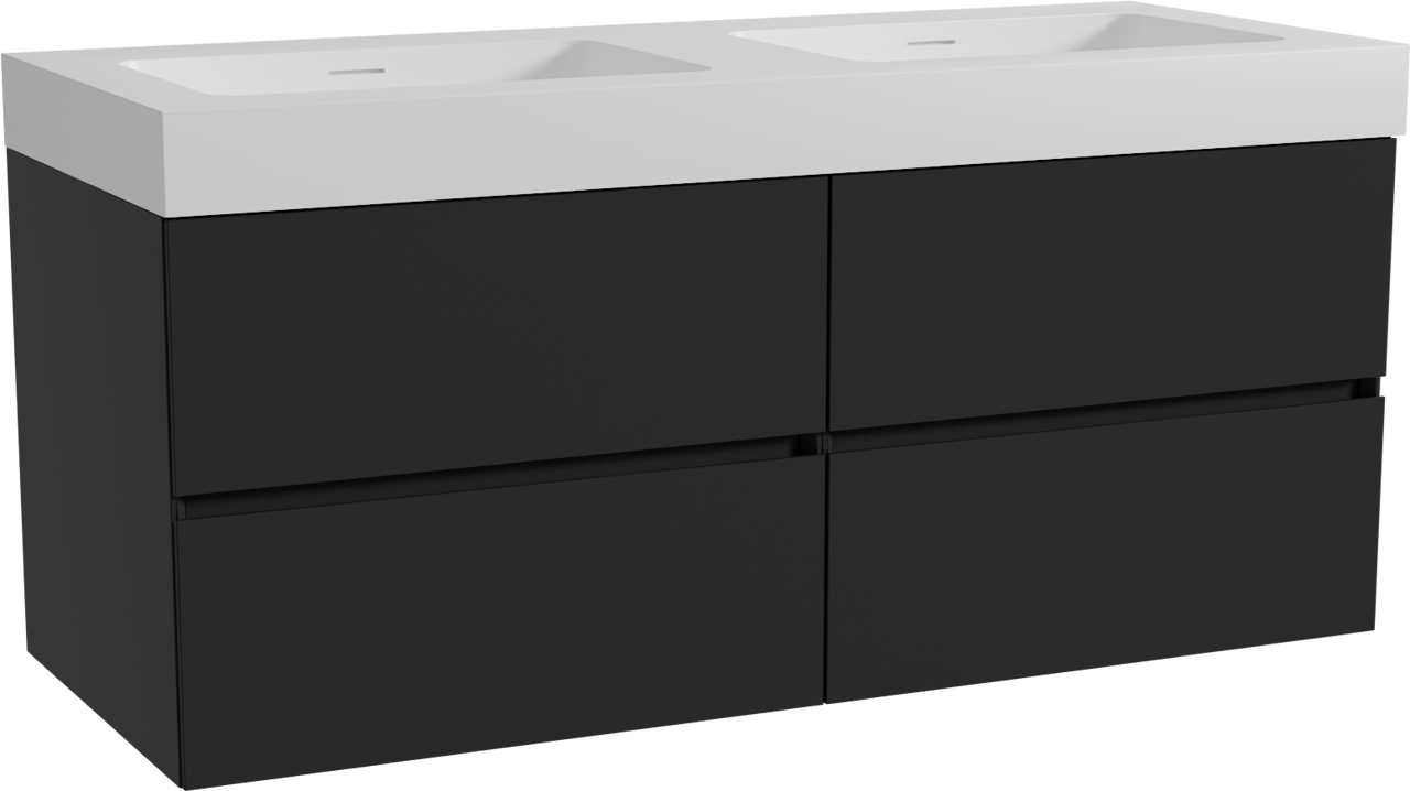 Storke Edge zwevend badmeubel 130 x 52 cm mat zwart met Mata High dubbele wastafel in solid surface mat wit