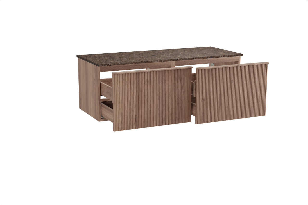 Balmani Forma meuble salle de bains suspendu 135 x 55 cm teck avec Stretto tablette simple ou double en marbre dark emperador, Nervure droite symétrique verticale