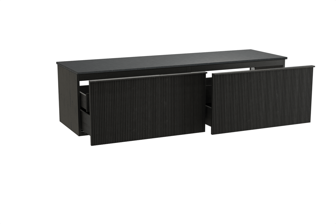 Balmani Forma zwevend badkamermeubel 180 x 55 cm zwarte eik met Stretto enkel of dubbel tablet in graniet zwart, Verticale symmetrische rechte ribbel