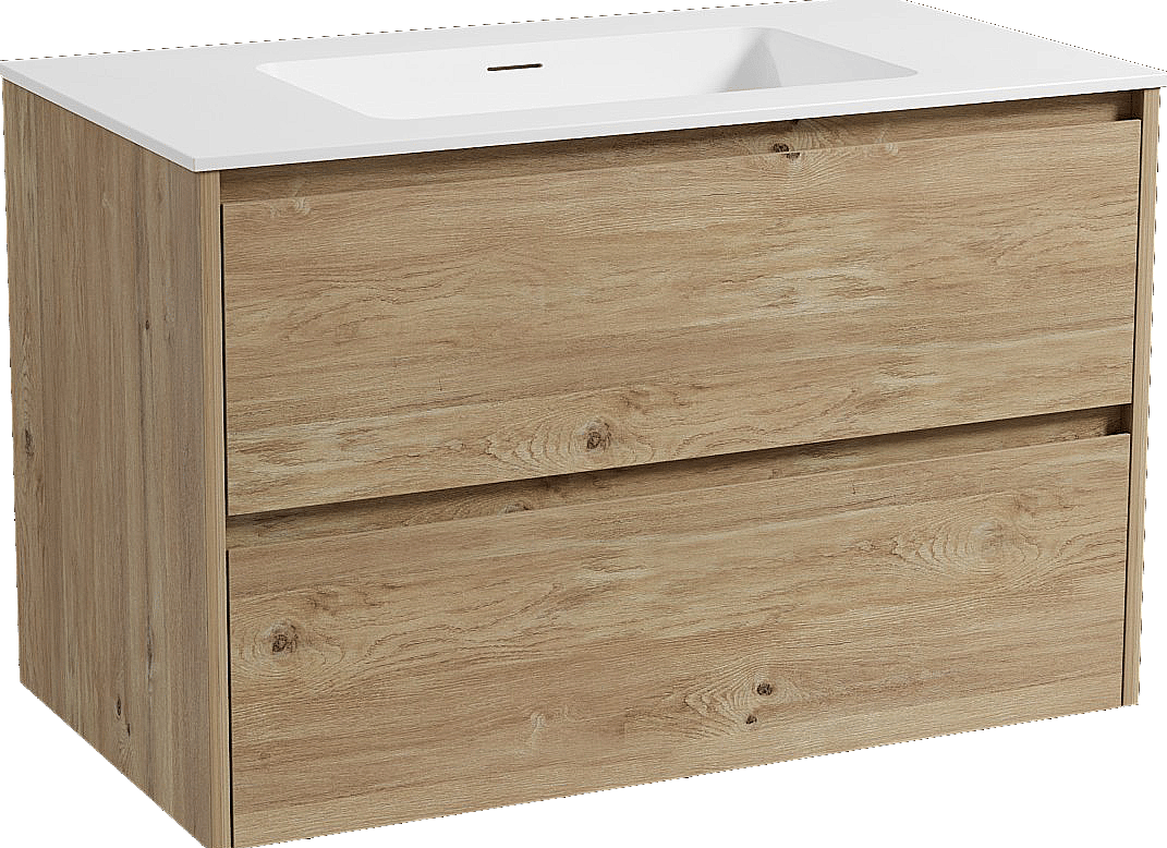 Storke Seda zwevend badmeubel 95 x 52 cm ruw eiken met Mata enkele wastafel in solid surface mat wit