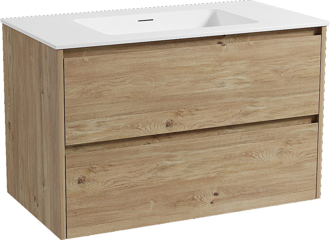 Storke Seda hängendes Möbelstück Set: 95 x 52 cm, Rohe Eiche, mit Mata Einzelwaschtisch, Solid Surface Weiß matt