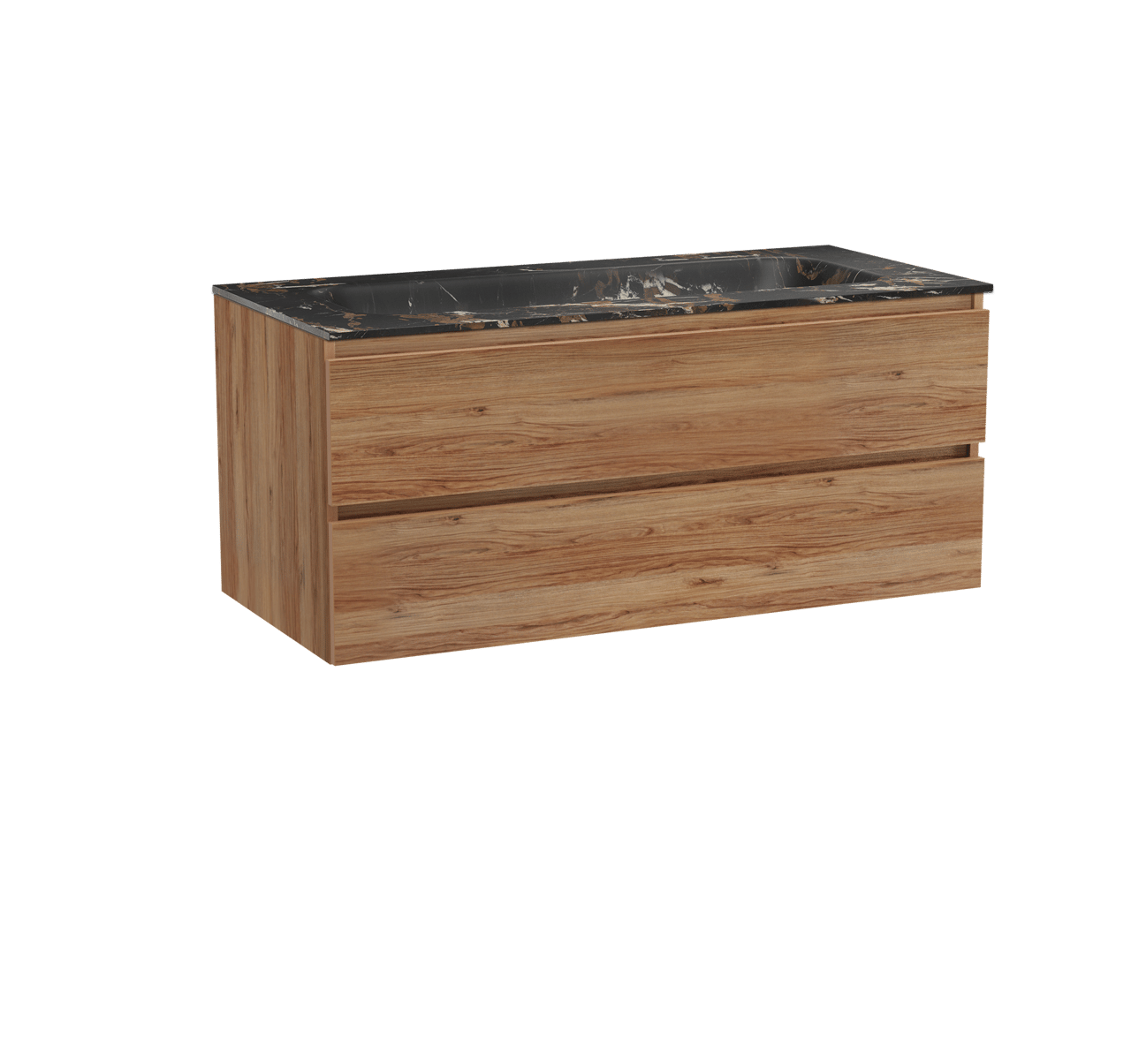 Balmani Lucida hängendes Möbelstück Set: 120 x 55 cm, Teak, mit Tablo Arcato Einzelwaschtisch für 2 Armaturenlöcher, Marmor Portoro Gold