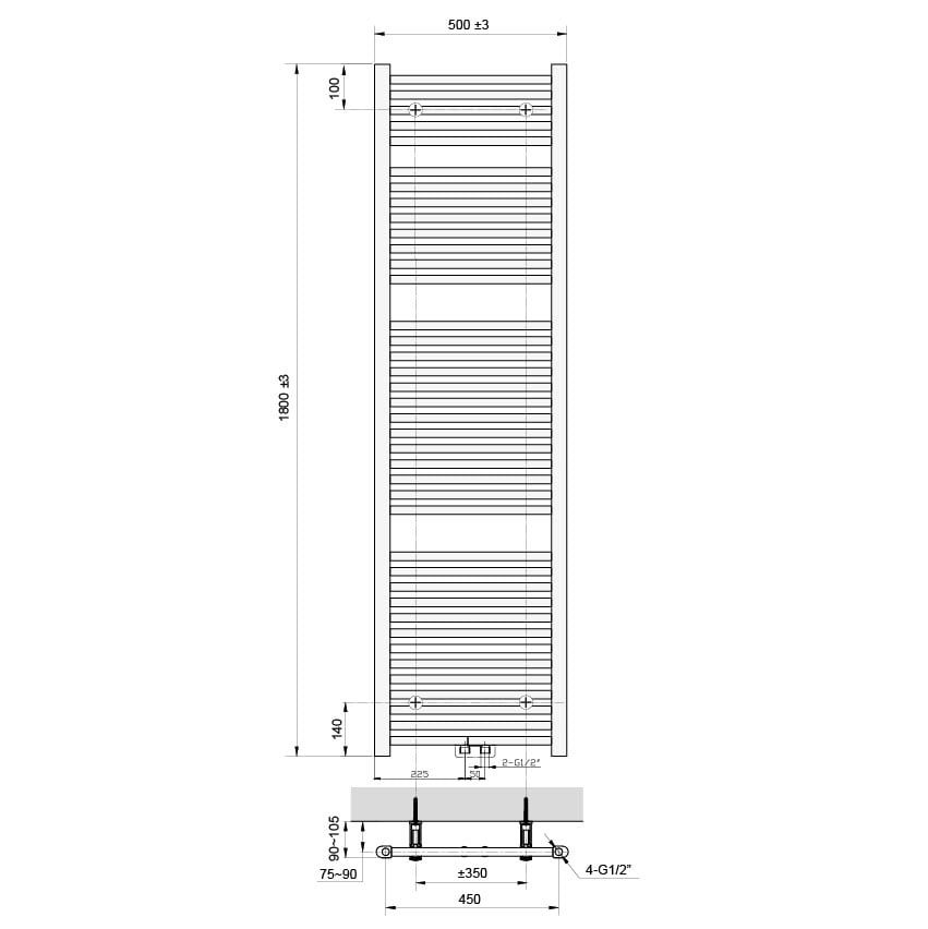 Vipera Kanza enkele handdoekradiator 50 x 180 cm elektrische verwarming glanzend wit zij- en middenaansluiting 814W, weerstand inbegrepen