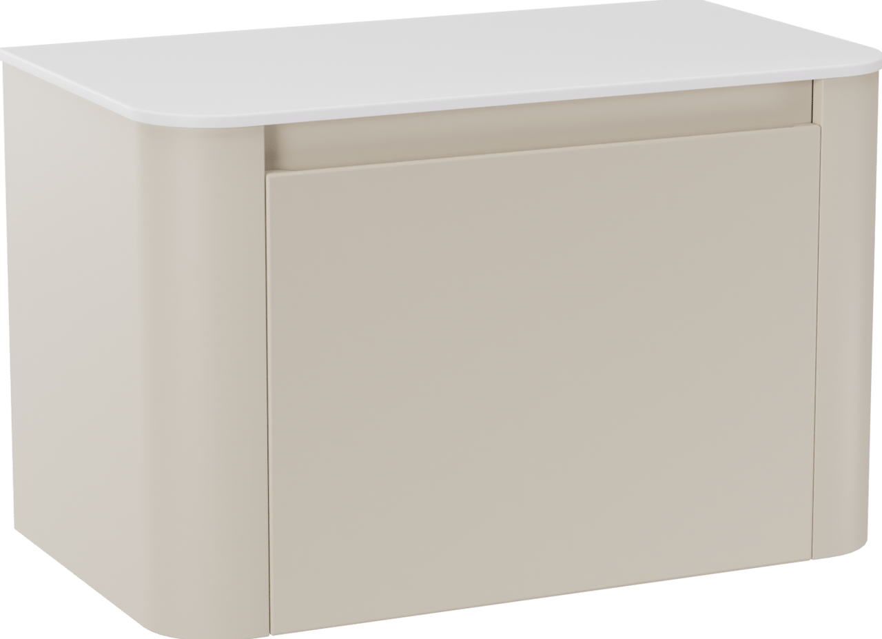 Storke Soft hängendes Möbelstück Set: 80 x 46 cm, Sand Matt, mit Tavola Soft Einzelwaschtischplatte Solid Surface Weiβ matt