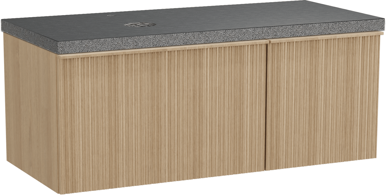 Balmani Forma hängendes Möbelstück Set: 120 x 55 cm, Naturbelassene Eiche, mit Rock Waschtisch links, Granit, Schwarzes Granit, Vertikale asymmetrische Runde Rippe