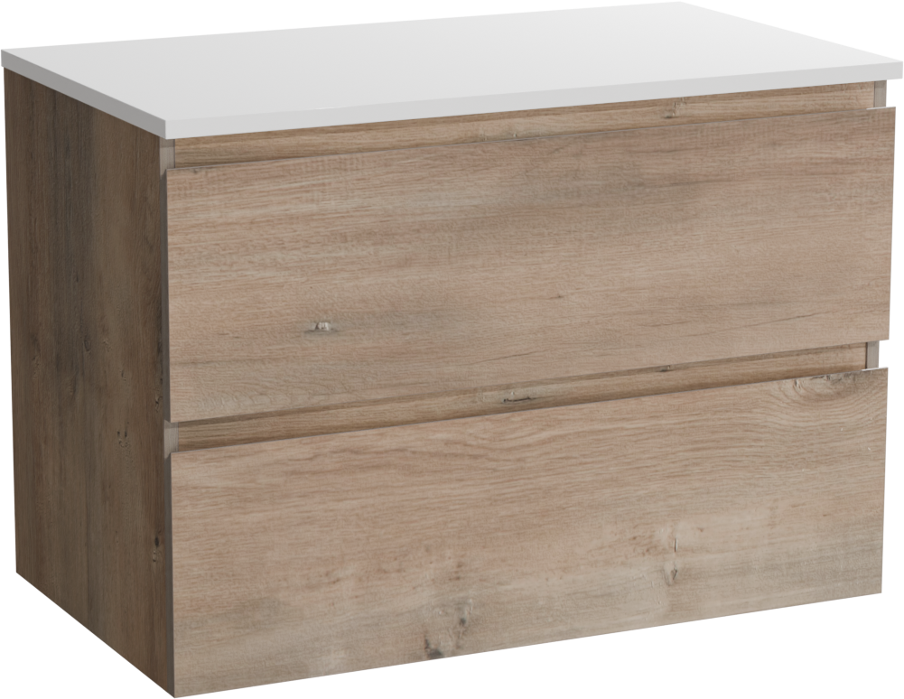 Linie Lado hängendes Möbelstück Set: 80 x 46 cm, Graue Eiche, mit Lado Einzel Waschtischplatte, Marmorkomposit Weiß glänzend