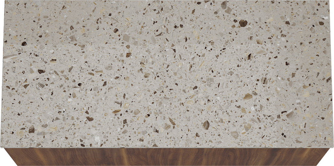 Balmani Sfera by Lucida hängendes Möbelstück Set: 120 x 55 cm, Amerikanischer Nussbaum, mit Stretto Einzel- oder Doppel Waschtischplatte, Terrazzo in Greige
