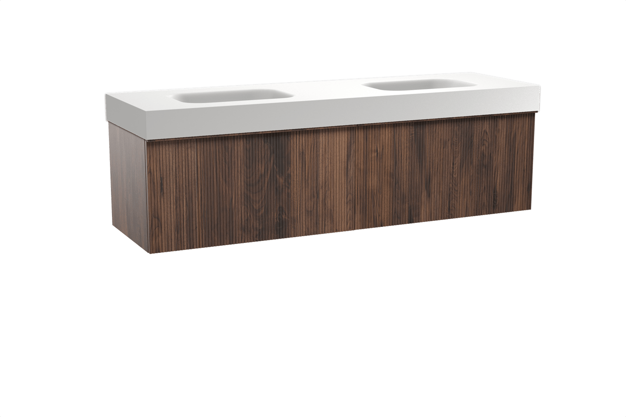 Balmani Forma meuble salle de bains suspendu 180 x 55 cm noyer américain avec Arcato double vasque en solid surface blanc mat, Nervure droite symétrique verticale