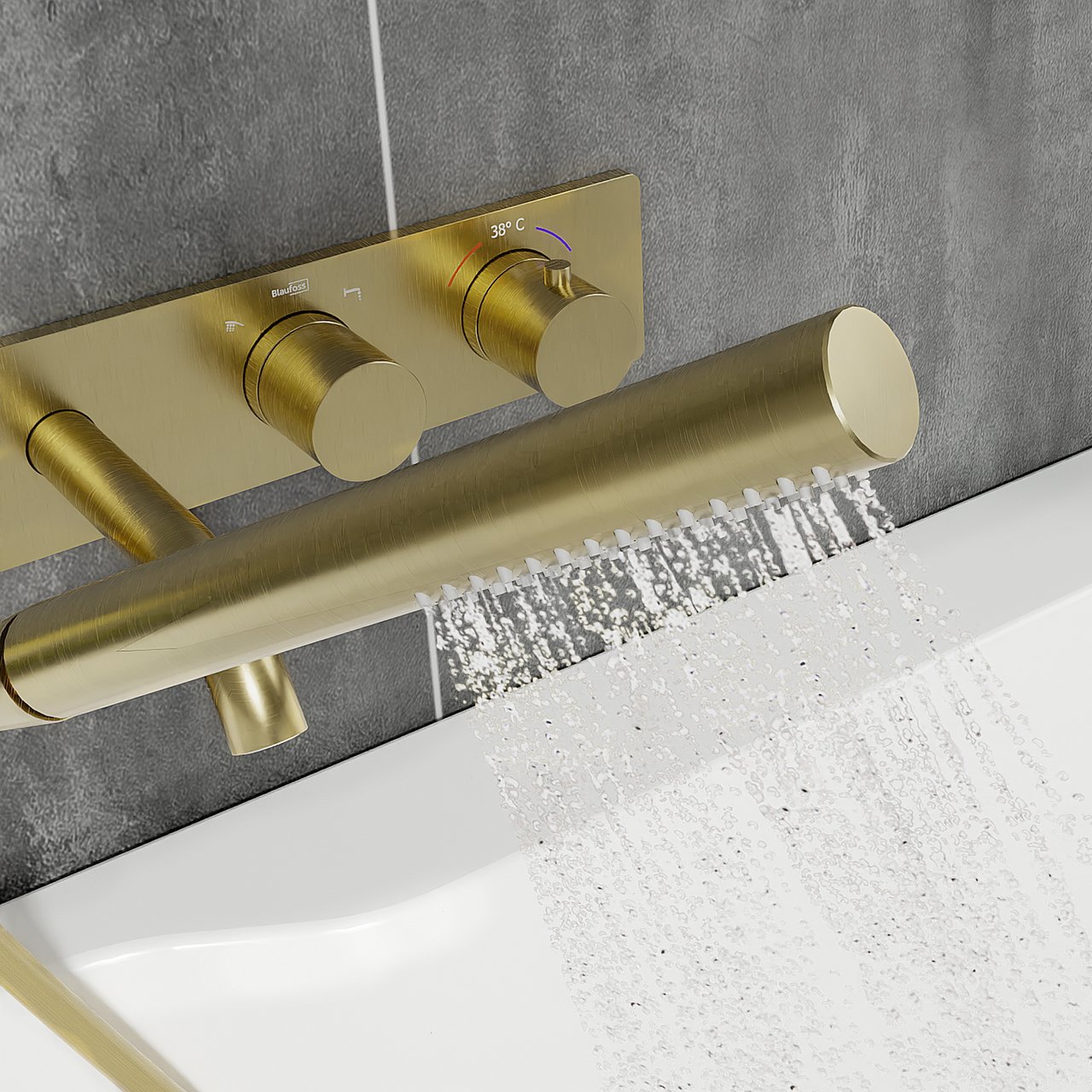 Blaufoss Round inbouw badkraan thermostatisch met handdouche Brushed Gold incl. inbouwelement