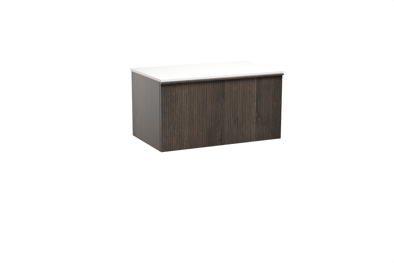 Balmani Forma zwevend badkamermeubel 90 x 55 cm gerookte eik met Stretto enkel tablet in solid surface mat wit, Verticale symmetrische rechte ribbel