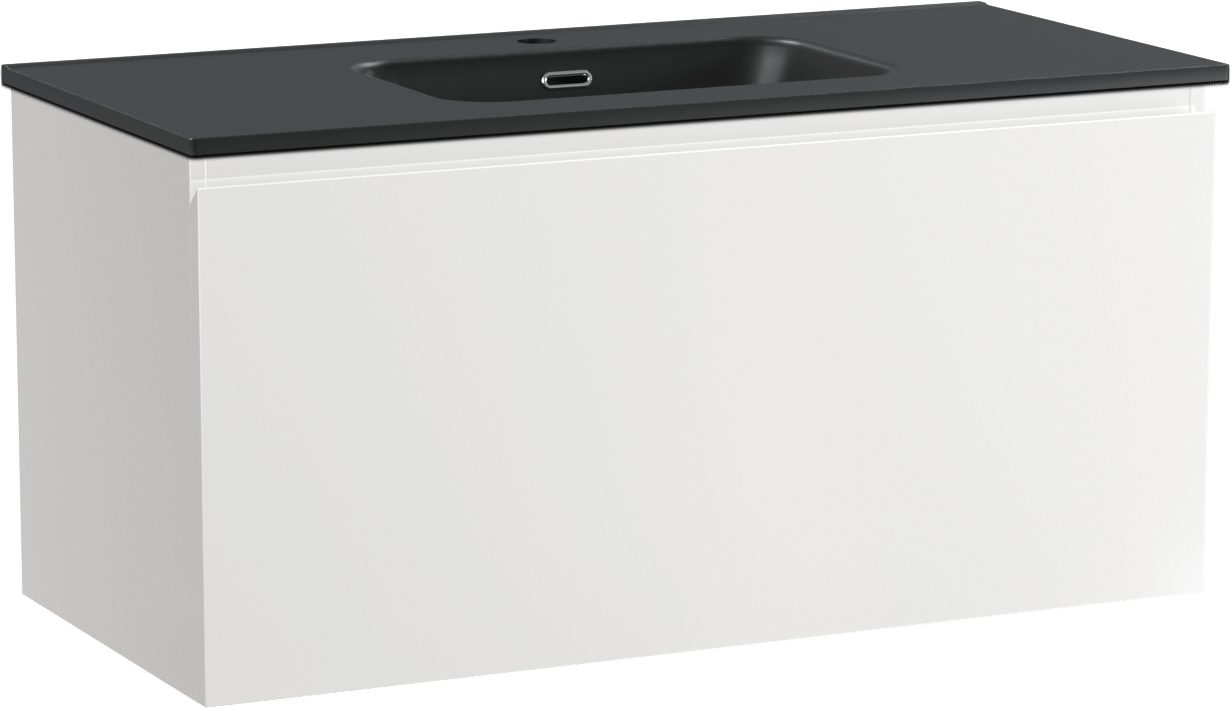 Linie Lado zwevend badmeubel 100 x 46 cm hoogglans wit met Baro enkele wastafel in porselein mat zwart