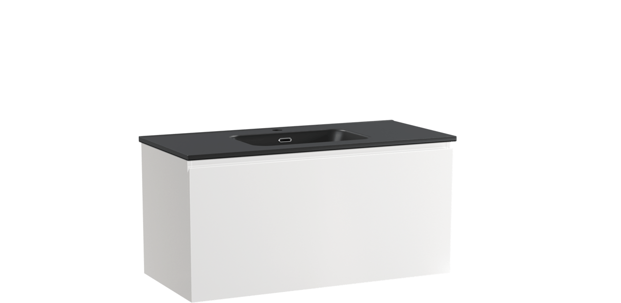 Linie Lado meuble salle de bains suspendu 100 x 46 cm blanc brillant avec Baro plan simple en porcelaine noir mat