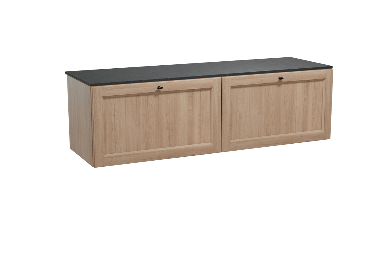 Balmani Lemon zwevend badmeubel 180 x 55 cm verweerd eiken met Stretto enkel of dubbel wastafelblad in zwart graniet