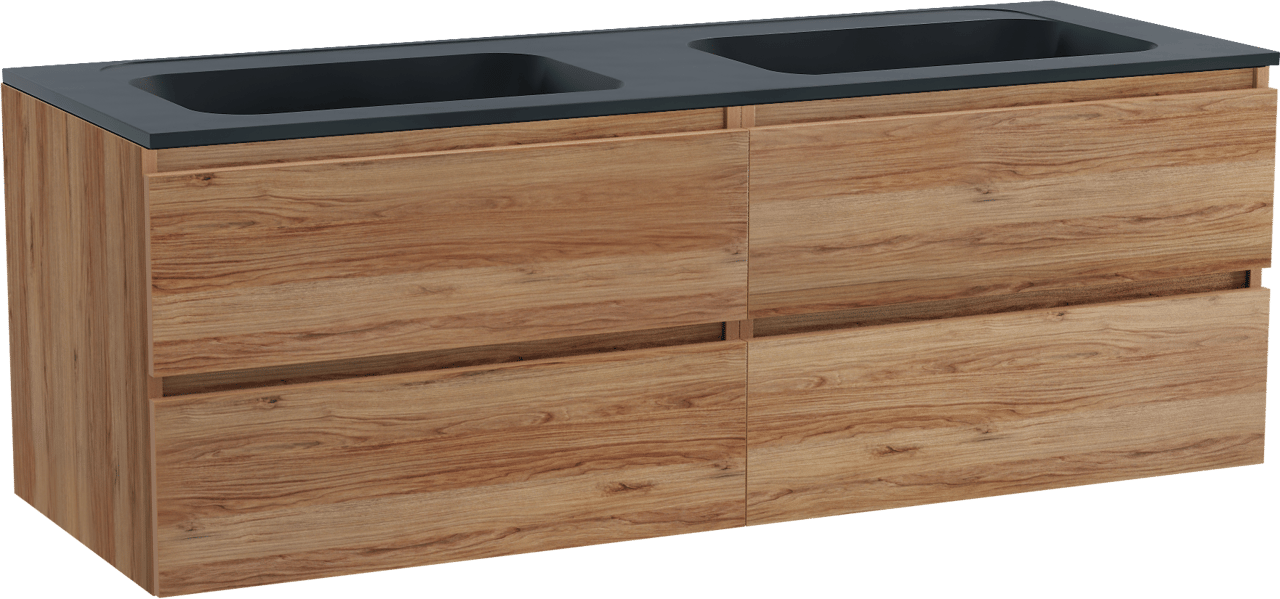 Balmani Lucida meuble salle de bains suspendu 150 x 55 cm teck avec Tablo Strada double vasque en marbre composite noir mat