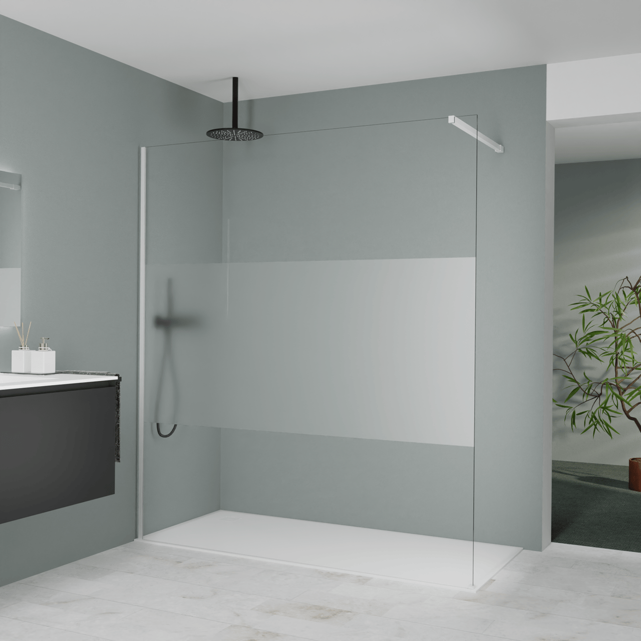 Balmani Modular Walk-In Dusche: 180 x 200 cm, Klarglas mit mattiertem Streifen, inklusive Coating, Profil Weiß matt