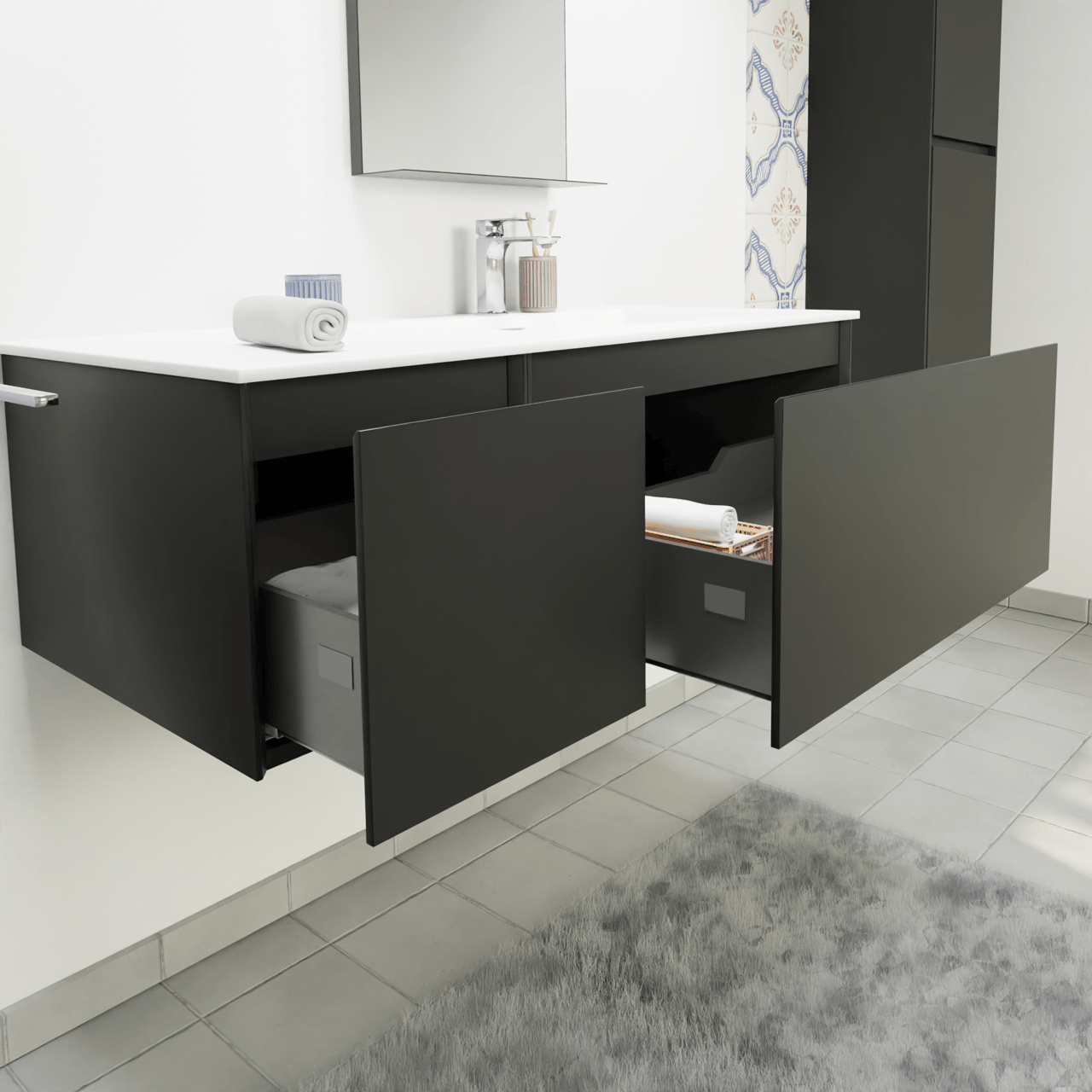 Storke Edge meuble salle de bains suspendu 110 x 52 cm noir mat avec Mata plan vasque asymétrique à droite en solid surface blanc mat
