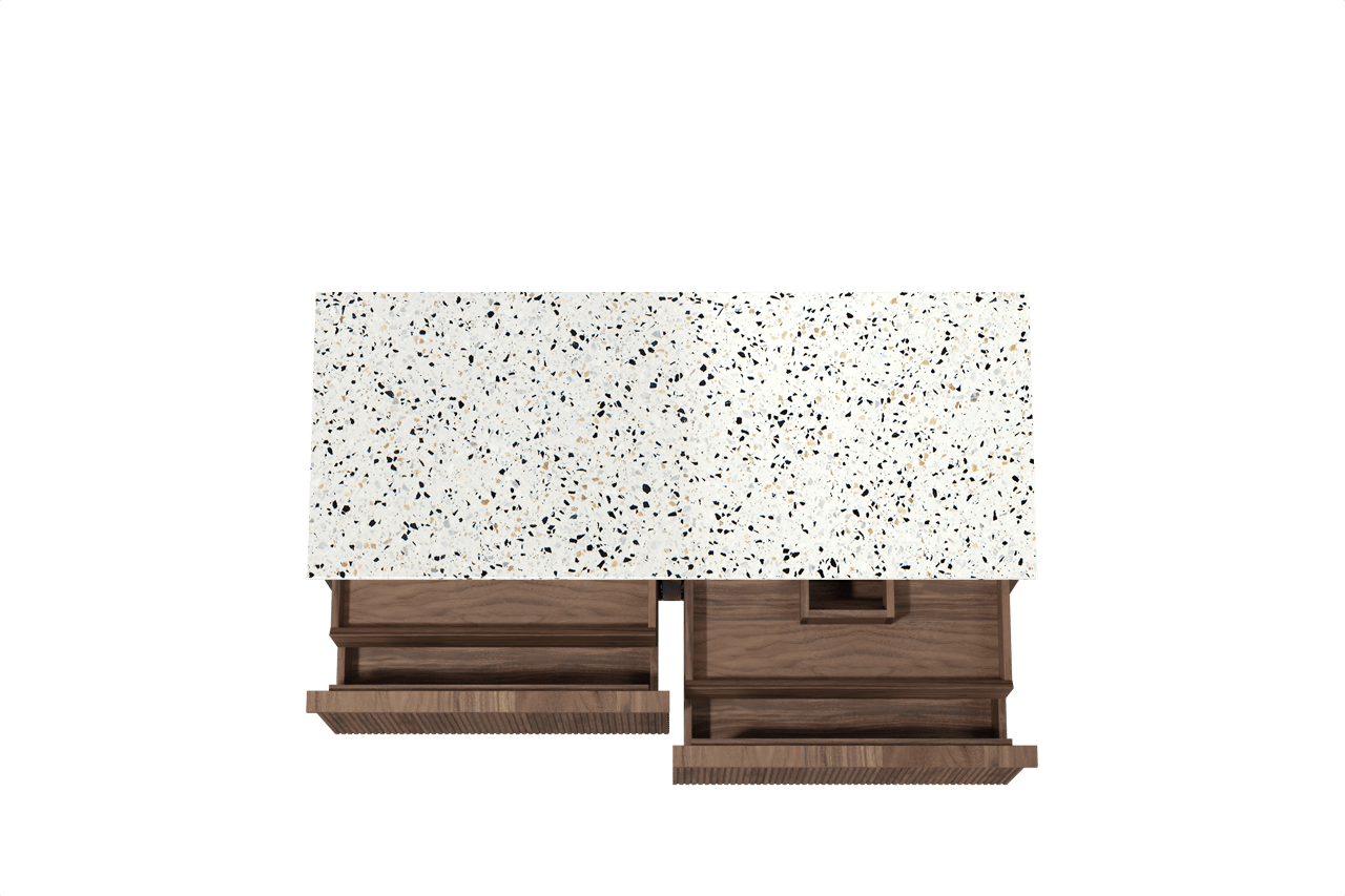 Balmani Forma meuble salle de bains suspendu 135 x 55 cm noyer américain avec Stretto tablette simple ou double en blanc/noir mat terrazzo, Nervure droite symétrique verticale