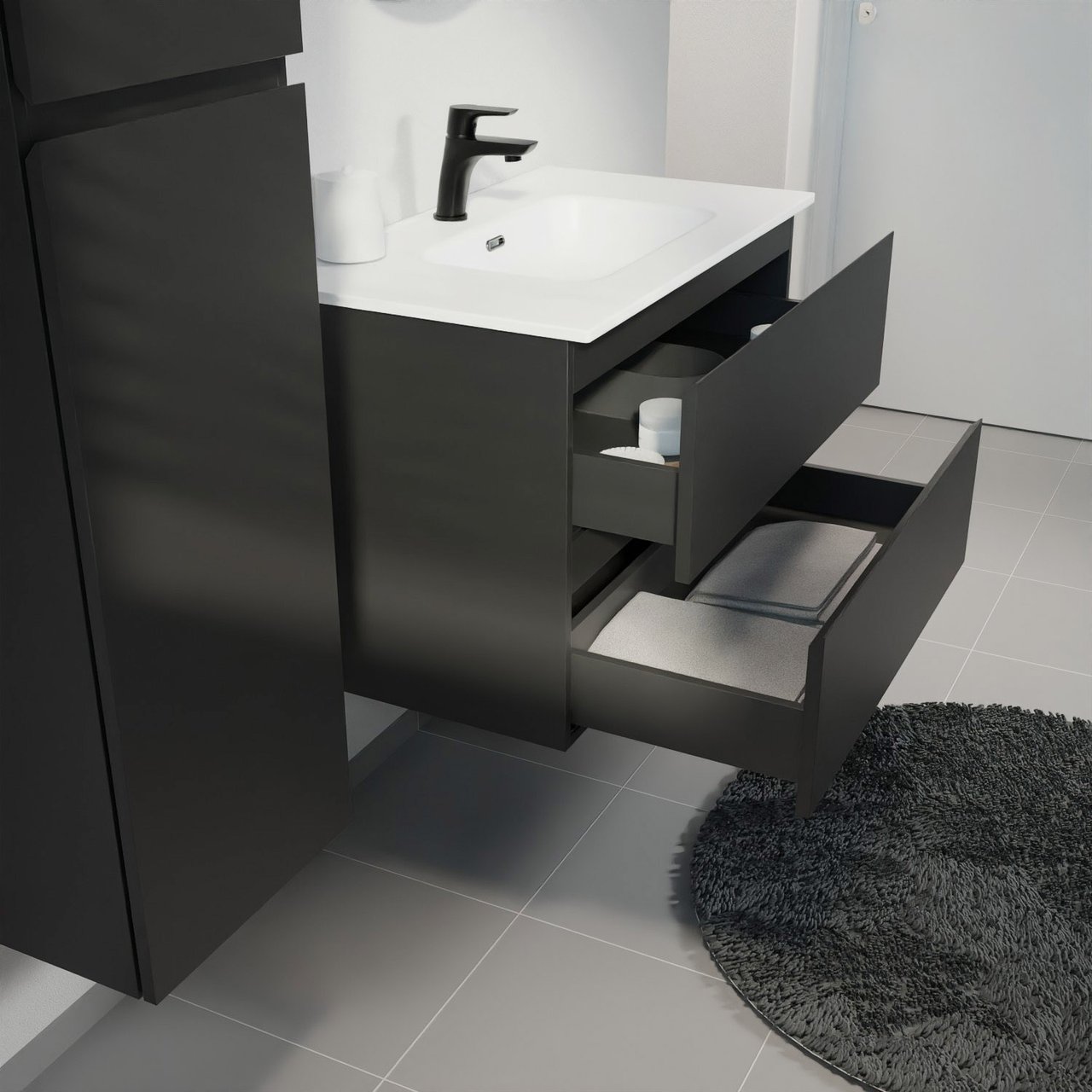 Linie Lado meuble salle de bains suspendu 80 x 46 cm noir mat avec Baro plan simple en porcelaine blanc mat