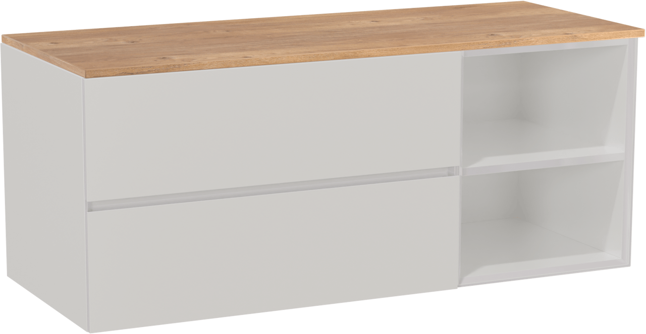 Storke Edge zwevend badkamermeubel 130 x 52 cm glanzend wit met Panton enkel of dubbel tablet in melamine ruwe eik