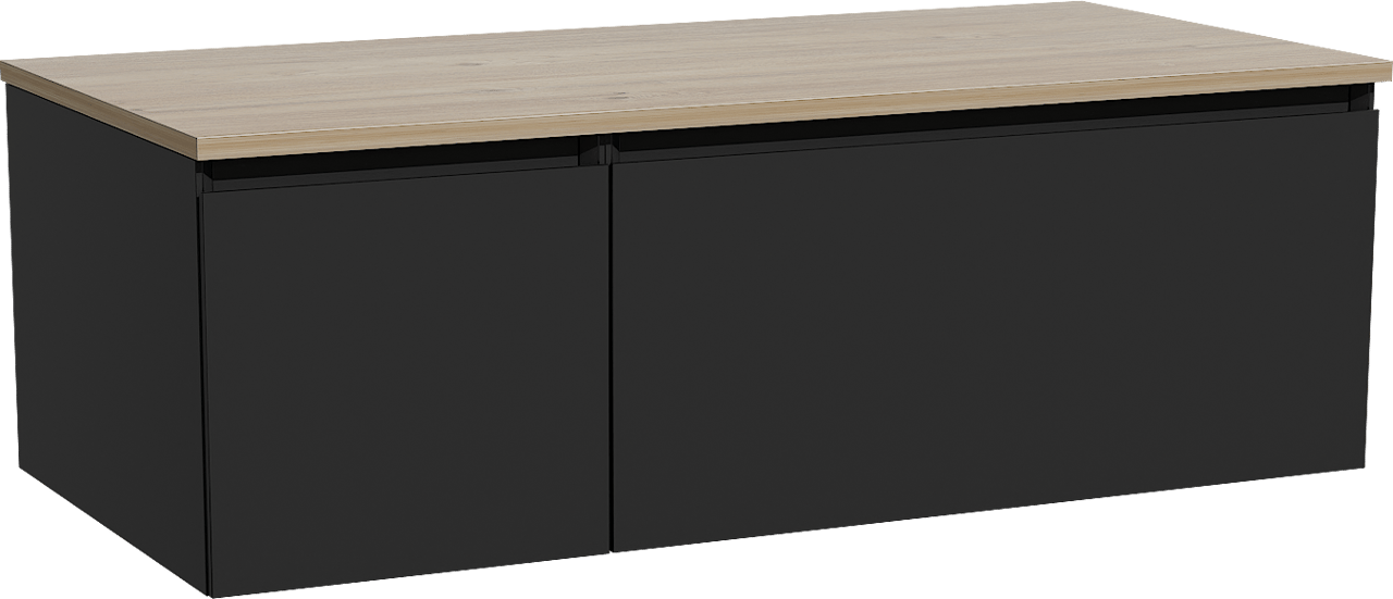Storke Edge hängendes Möbelstück Set: 110 x 52 cm, Schwarz matt, mit Panton Einzel Waschtischplatte, Melamin Rohe Eiche