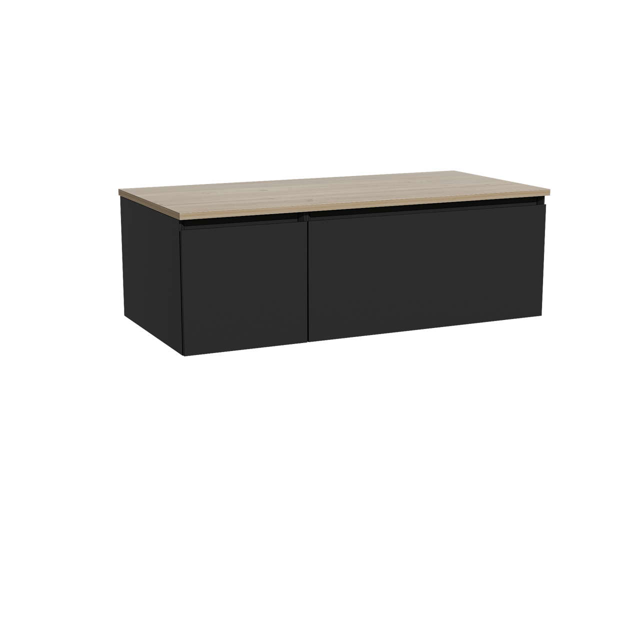 Storke Edge hängendes Möbelstück Set: 110 x 52 cm, Schwarz matt, mit Panton Einzel Waschtischplatte, Melamin Rohe Eiche