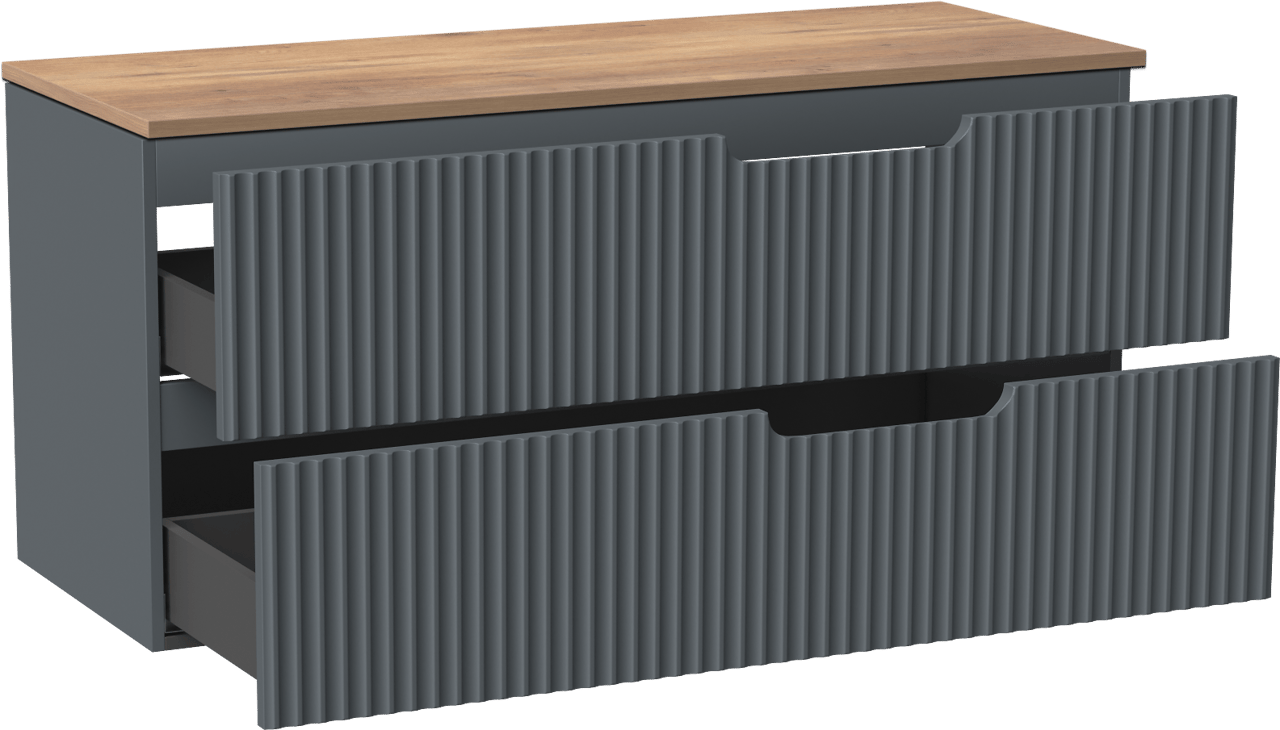 Linie Ribbo zwevend badmeubel 120 x 46 cm blauw antraciet met Lado enkel of dubbel wastafelblad in melamine naturel eiken, Verticale symmetrische ronde ribbel