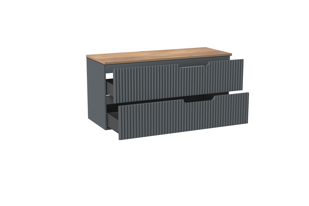 Linie Ribbo meuble salle de bains suspendu 120 x 46 cm bleu anthracite avec Lado tablette simple ou double en mélaminé chêne naturel, Nervure circulaire symétrique verticale