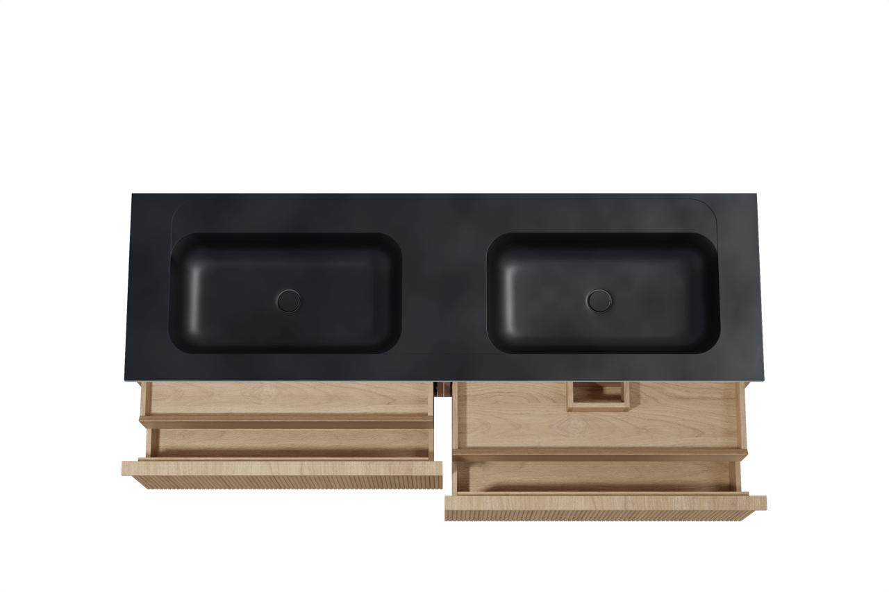 Balmani Forma meuble salle de bains suspendu 180 x 55 cm chêne naturel avec Tablo Strada double vasque en marbre composite noir mat, Nervure droite symétrique verticale