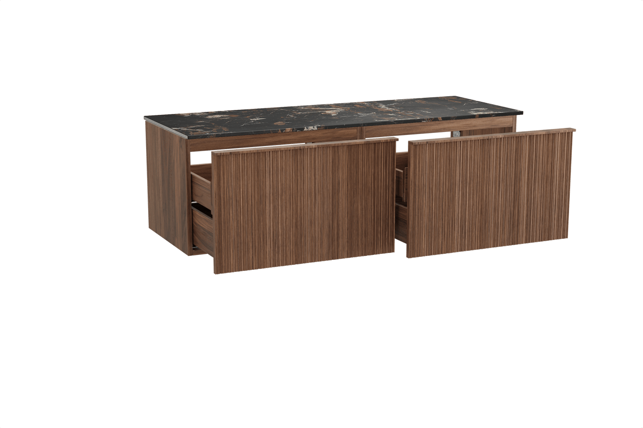 Balmani Forma meuble salle de bains suspendu 150 x 55 cm noyer américain avec Stretto tablette simple ou double en marbre portoro gold, Nervure circulaire asymétrique verticale