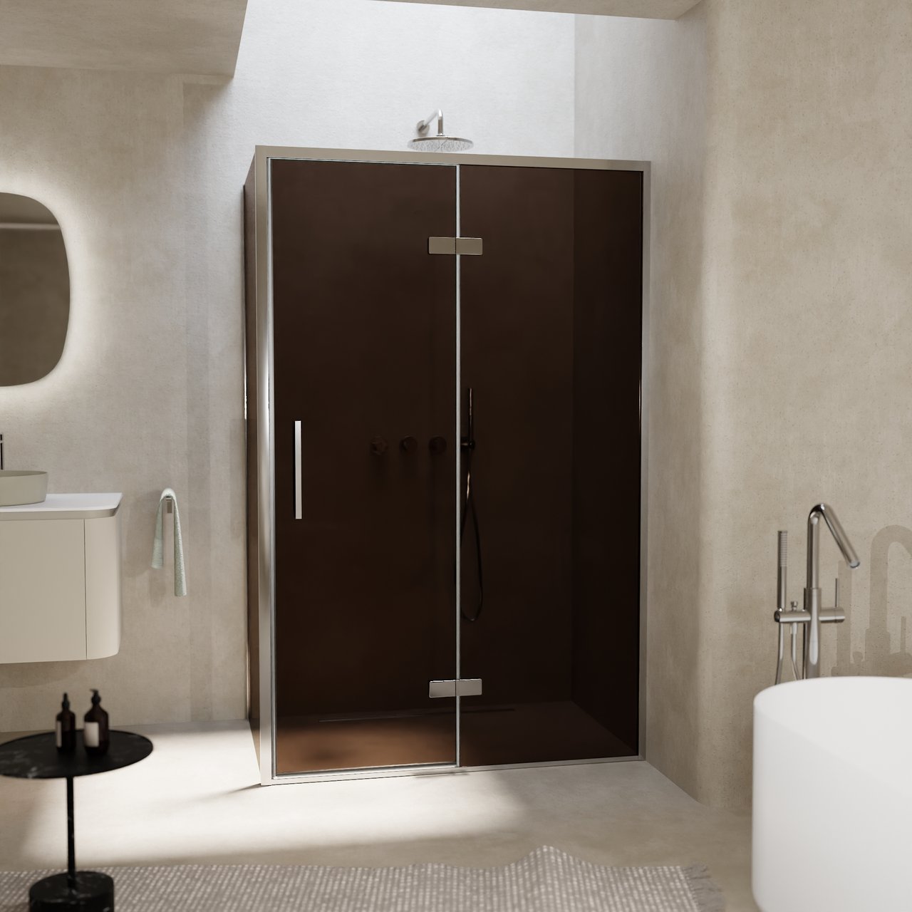 Balmani Senses Design douche d'angle avec porte pivotante à droite et paroi latérale fixe, 120 x 100 cm, Bronze, Profil chrome