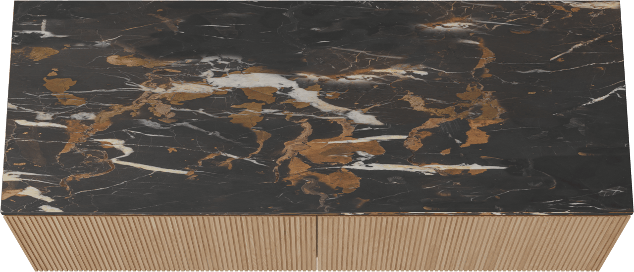 Balmani Eclips zwevend badkamermeubel 150 x 55 cm Natuur eik met Stretto enkel of dubbel tablet in Portoro Gold marmer, Verticale symmetrische rechte ribbel