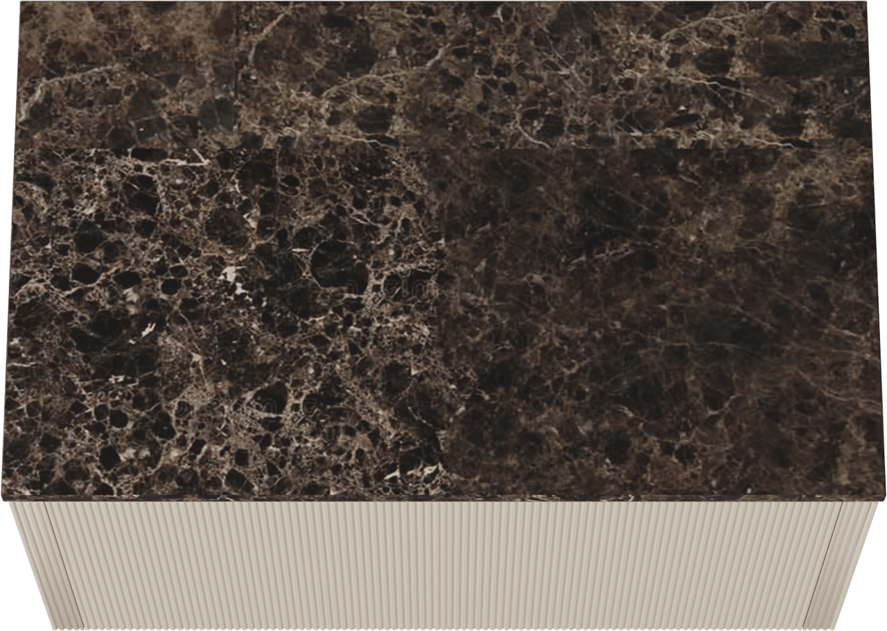 Balmani Eclips zwevend badkamermeubel 90 x 55 cm Sandbeige met Stretto enkel tablet in Dark Emperador marmer, Verticale symmetrische rechte ribbel