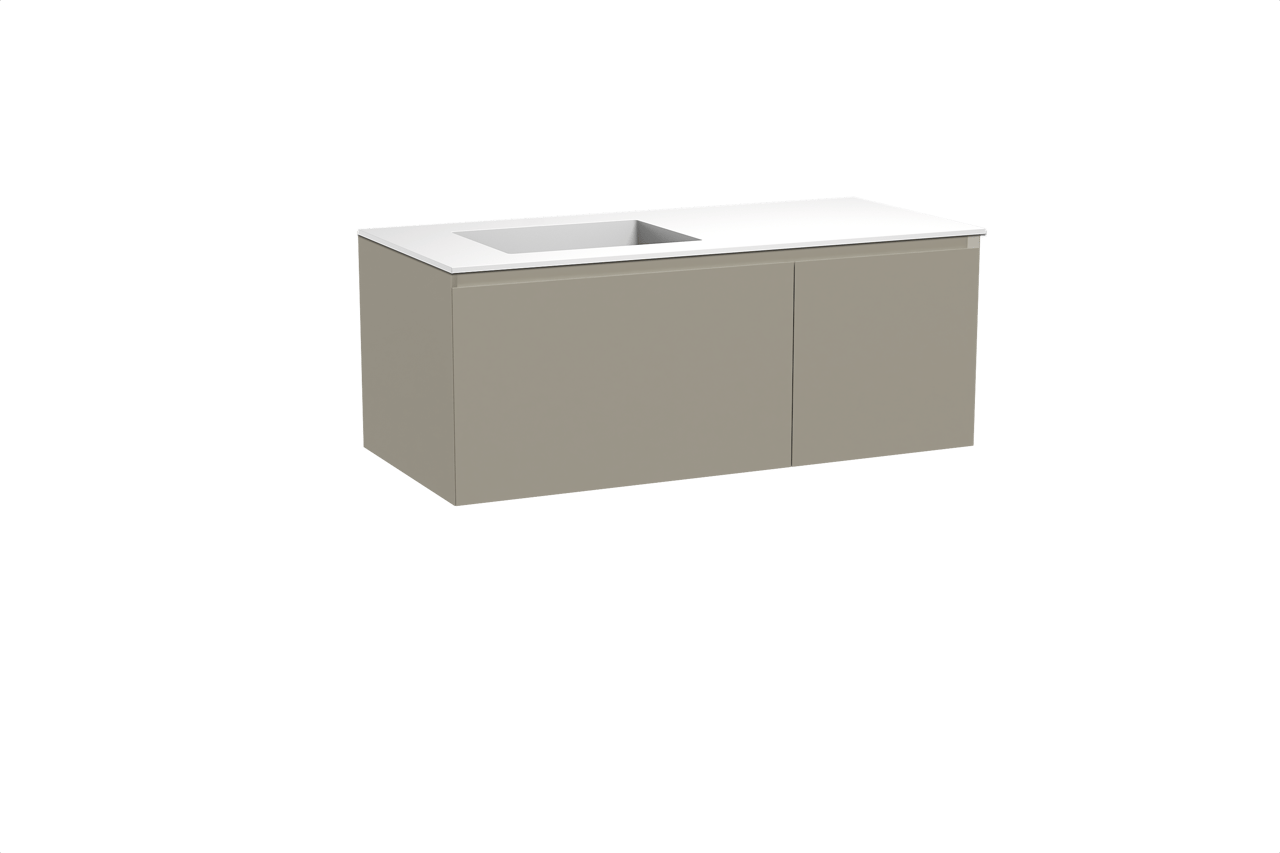 Balmani Idra zwevend badmeubel 120 x 55 cm steengrijs met Tablo Stretto asymmetrisch linkse wastafel in solid surface mat wit