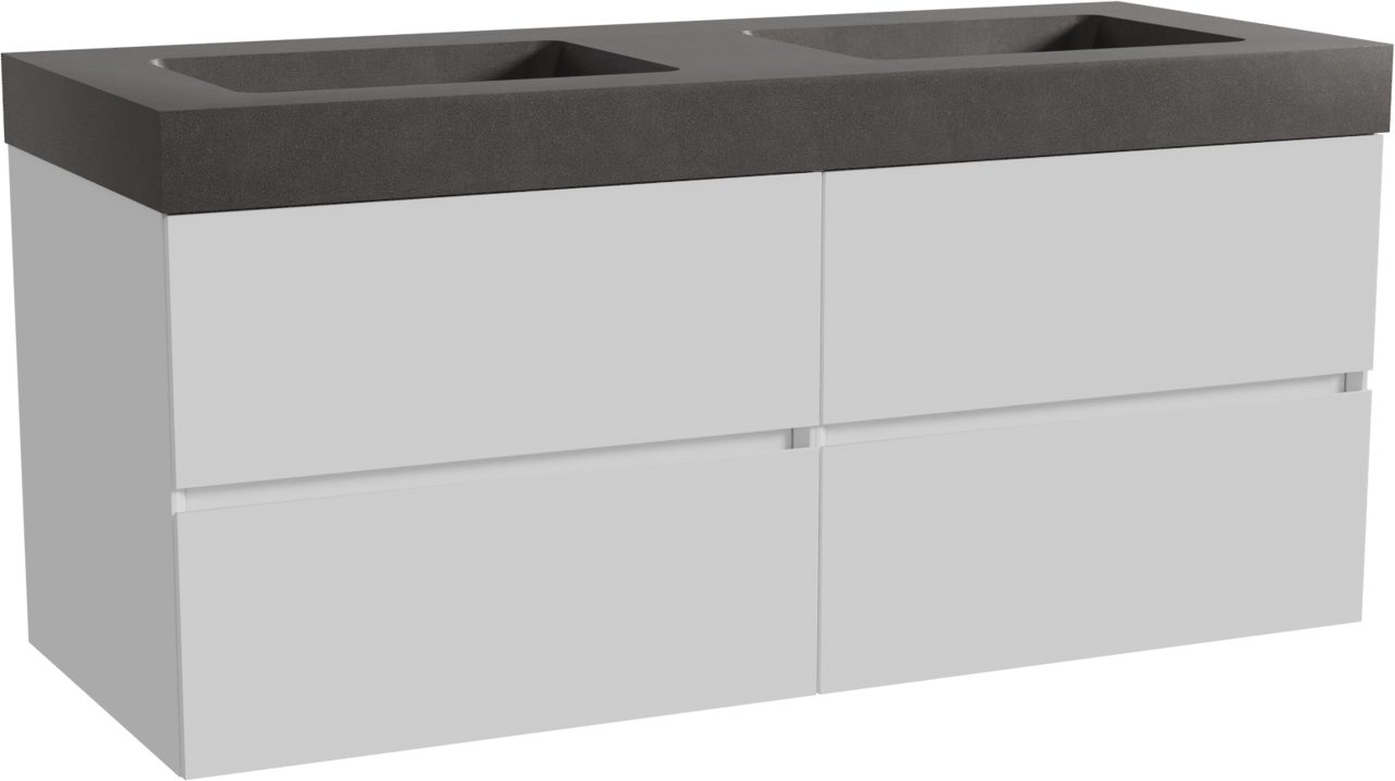 Storke Edge freistehendes Möbelstück Set: 130 x 52 cm, Weiß glänzend, mit Scuro High Doppelwaschtisch, Quarz Schwarz matt