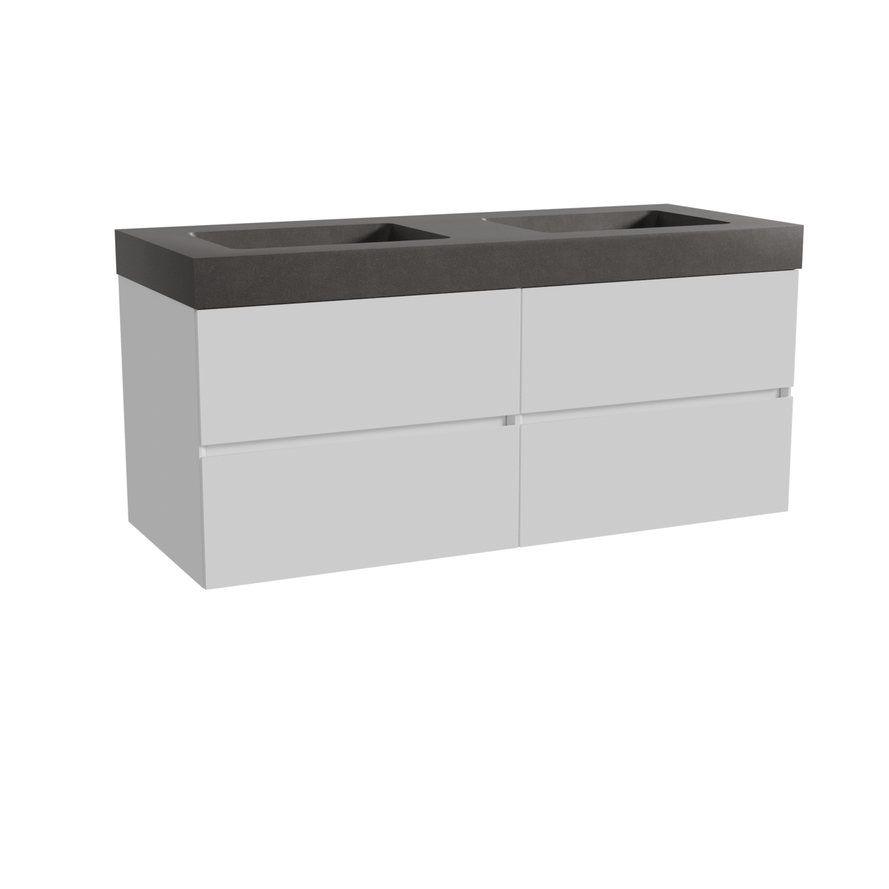 Storke Edge freistehendes Möbelstück Set: 130 x 52 cm, Weiß glänzend, mit Scuro High Doppelwaschtisch, Quarz Schwarz matt