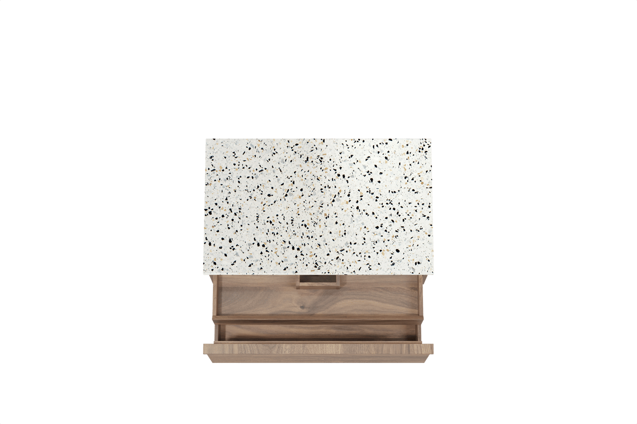 Balmani Forma zwevend badmeubel 90 x 55 cm amerikaans notenhout met Stretto enkel wastafelblad in mat wit/zwart terrazzo, Horizontale symmetrische rechte ribbel