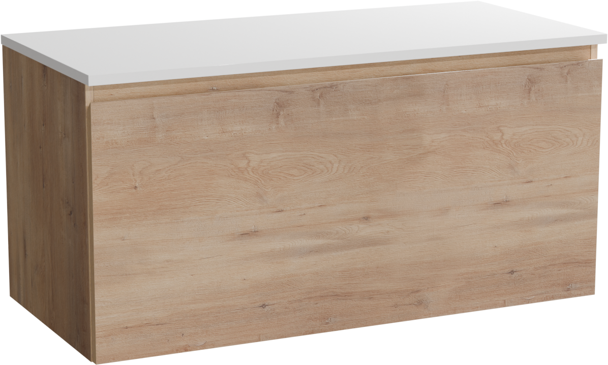 Linie Lado hängendes Möbelstück Set: 100 x 46 cm, Naturbelassene Eiche, mit Lado Einzel- oder Doppel Waschtischplatte, Marmorkomposit Weiß matt