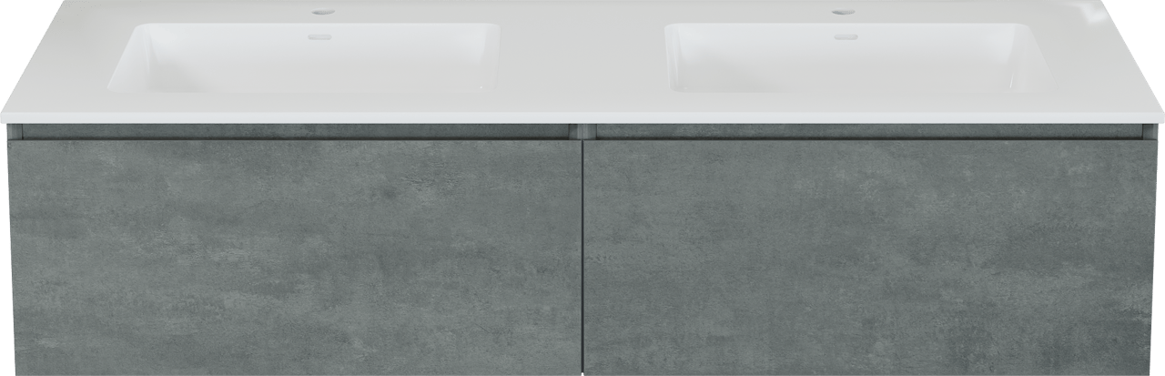 Storke Edge meuble salle de bains suspendu 150 x 52 cm béton gris foncé avec Bilia double vasque en marbre composite blanc brillant