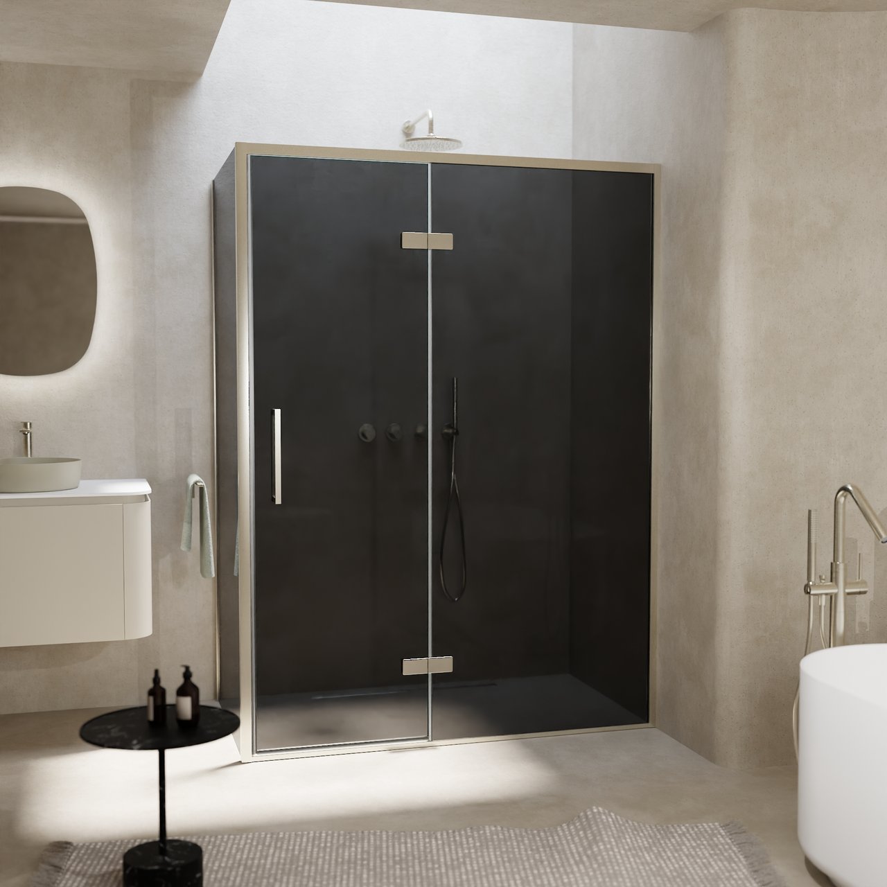 Balmani Senses Design Eckdusche: Drehtür (Rechts) mit fixierte Seitenwand, 140 x 90 cm, Rauchglas, Profil Brushed CoolMetal