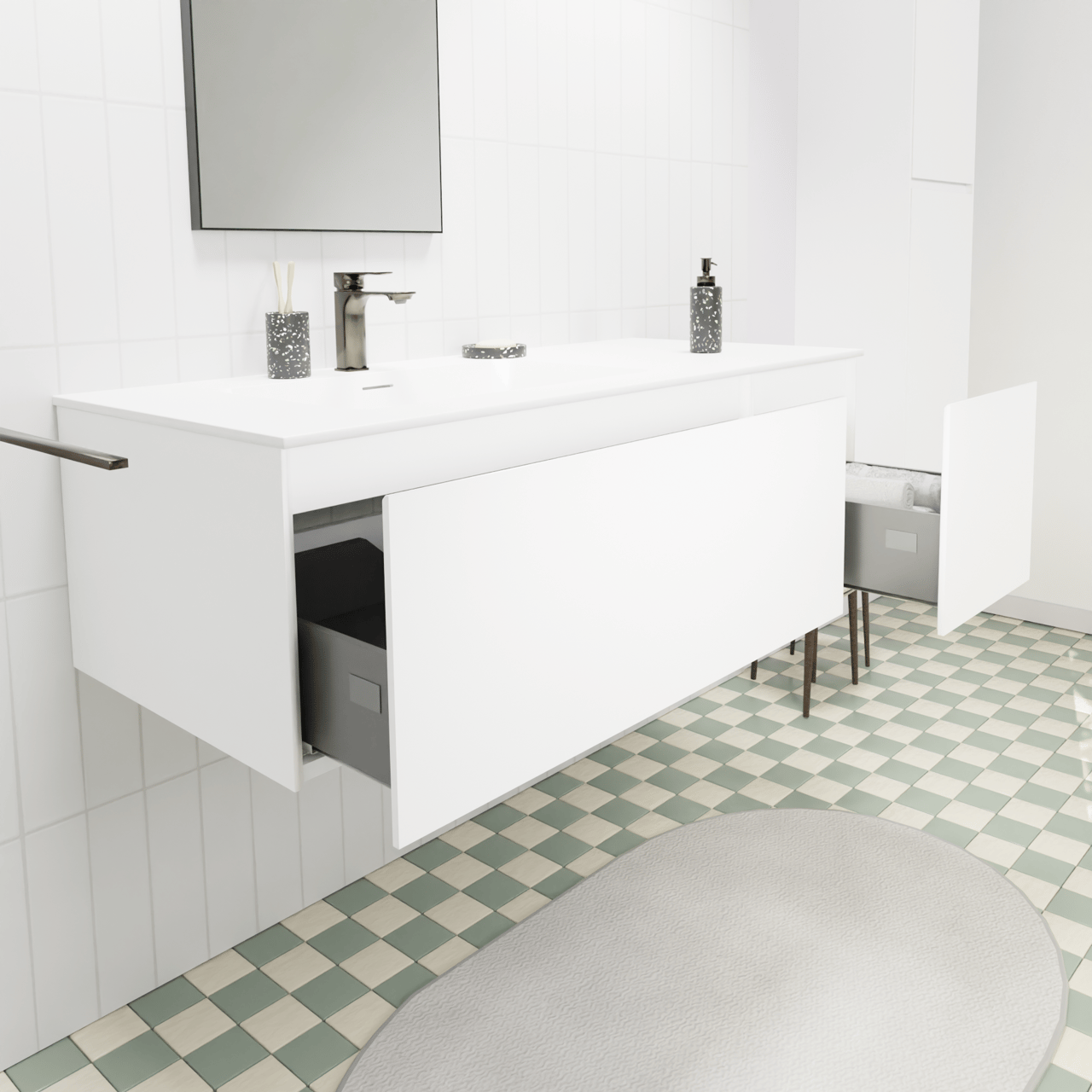 Storke Edge hängendes Möbelstück Set: 120 x 52 cm, Weiß matt, mit Mata Waschtisch links, Solid Surface Weiß matt