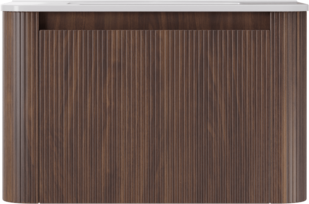 Storke Soft hängendes Möbelstück Set: 80 x 46 cm, Nussbaum, mit Kera Soft Einzelwaschtisch Keramik Weiβ glänzend, Vertikale symmetrische gerade Rippe